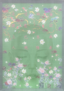 Chánh niệm 12, 2023, 50x70 cm, màu nước, lụa, vải, chỉ thêu
