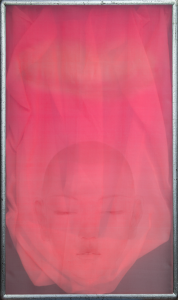 Chánh niệm, 44x74 cm, 2023, lụa, chỉ thêu, màu nước, vải