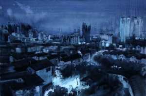 Đêm ,38x56 cm,màu nước trên giấy, 2016