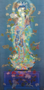 Phật, 2022, màu nước, vải, lụa, chỉ thêu,120x60 cm