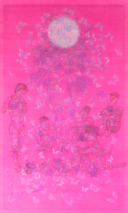 Ngắm trăng, 2022, màu nước, lụa, vải, chỉ thêu, 170x110 cm