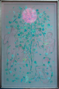 Ngắm trăng 3, 2022, màu nước, lụa, vải, chỉ thêu, 170x110 cm