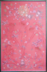 Ngắm trăng 3, 2022, màu nước, lụa, vải, chỉ thêu, 170x110 cm