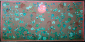 Ngắm trăng 3, 2022, màu nước, lụa, vải, chỉ thêu, 90x180 cm