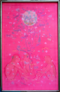 Ngắm trăng 4, 2022, màu nước, lụa, vải, chỉ thêu, 170x110 cm