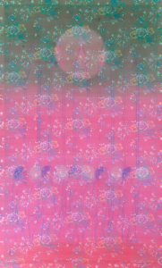 Tâm Kinh, 2022, màu nước, vải, chỉ thêu, lụa, 170x110 cm
