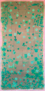 Thiện nam, 180x90 cm, 2023, lụa, vải, chỉ thêu, màu nước