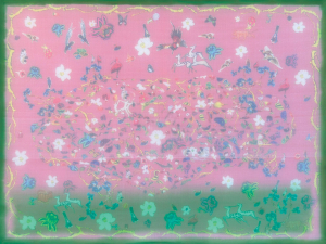 Thiên thạch, 78x104cm, 2023, lụa, vải, chỉ thêu, màu nước
