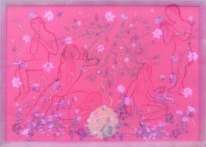 Trong vườn, 2023, màu nước, lụa, vải, chỉ thêu, 50x70 cm