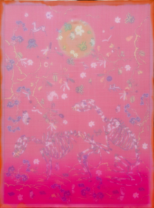 sương mờ 4, 104x78 cm, 2024, lụa, vải , chỉ thêu, màu nước.